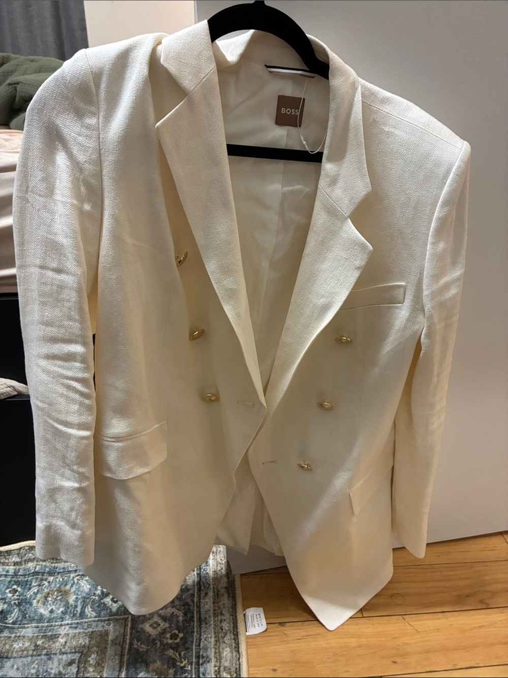 BOSS Cream Double-Breasted Blazer with Gold Buttons